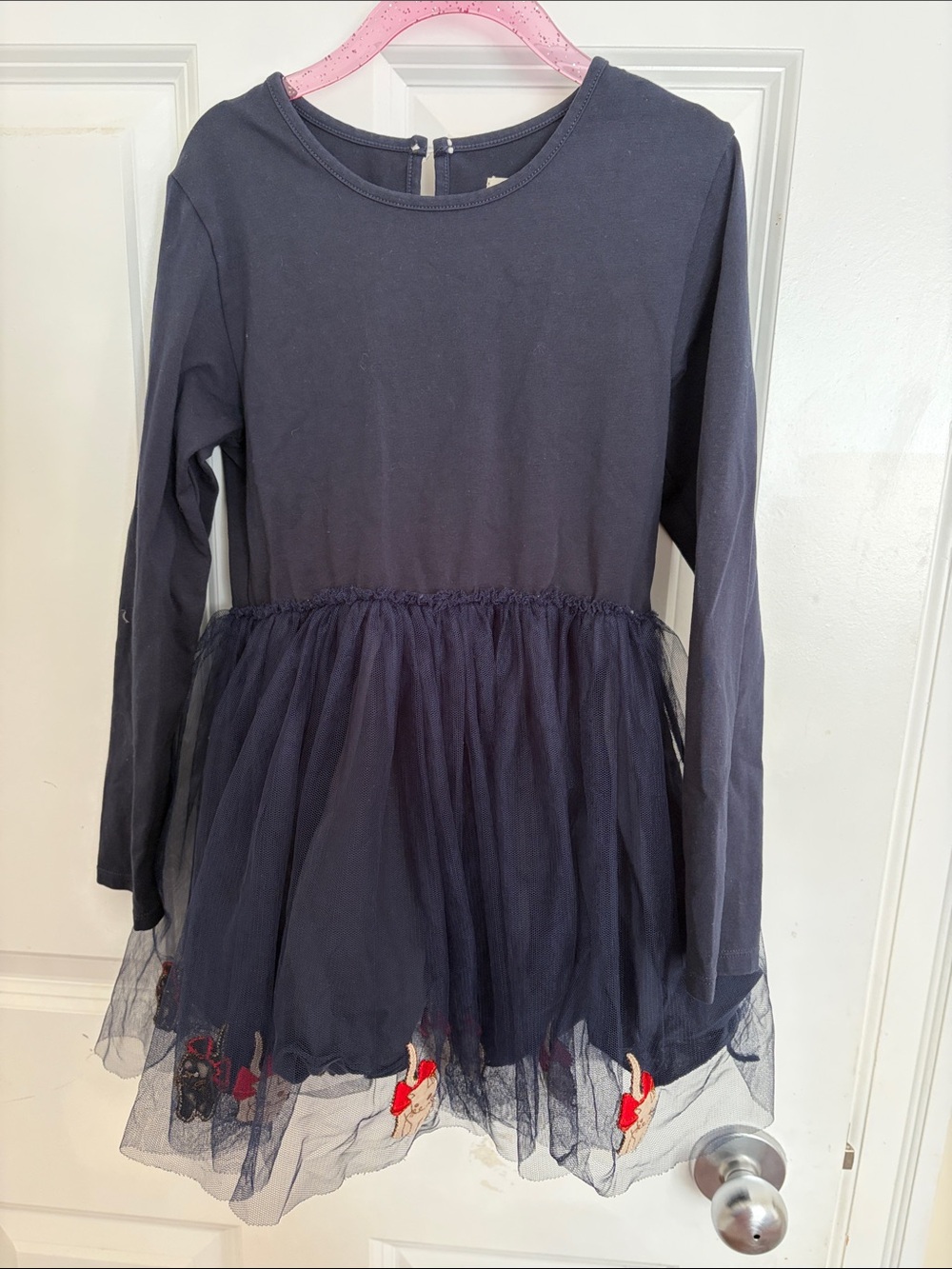 Girls' Navy Long-Sleeve Tulle Dress Top